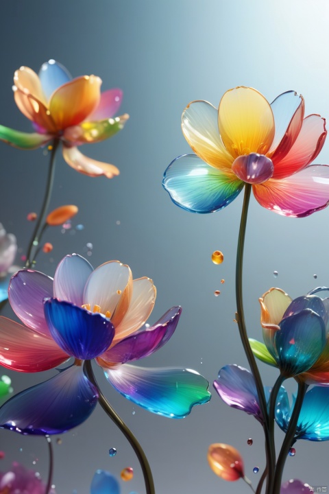  flowers blooming, poetry, Translucent petals, Gradient transparent glass melt, diffused, transparent glass texture, rainbow color, ultra-wide-angle, octane render, enhance, intricate, (best quality, masterpiece, Representative work, official art, Professional, unity 8k wallpaper:1.3)