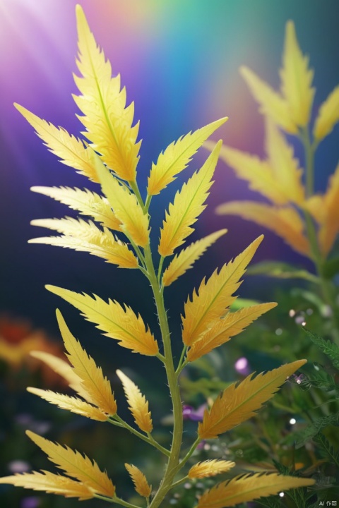  Featherweed is a herbaceous plant,Leaves light color,When the breeze blows,The leaves will flutter gently,Gives a dreamy feeling rainbow color theme, movie light effect, Colorful, contours, Art super detailed, Delicate and beautiful, Dynamic angles and elegant atmosphere, octane render, intricate, (best quality, masterpiece, Representative work, official art, Professional, unity 8k wallpaper:1.3), monkren