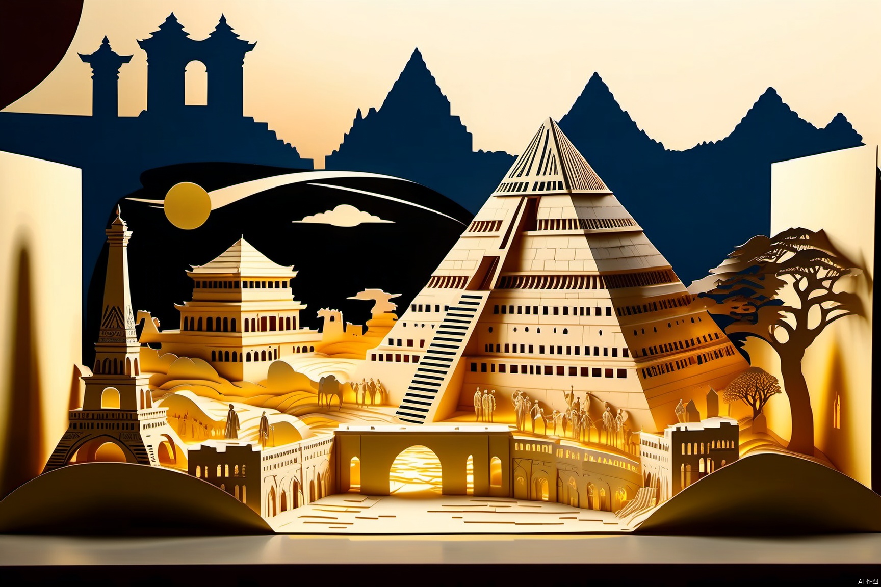  papercut of (Egyptian Great pyramids) and (Leaning Tower of Pisa) and (Notre Dame Cathedral in Paris) and (Chinese Forbidden City) and (chinese Greatwall) and (London Tower Bridge) and (Roman Colosseum) and (Greek temples) and (America Statue of Liberty) and (Kremlin palace),background of earth,masterpiece, best quality, epic cinematic, soft nature lights, rim light, amazing, hyper detailed, ultra realistic, photorealistic, Ray tracing, Cinematic Light, light source contrast,jingjing,Relief style,lmyy,papercut