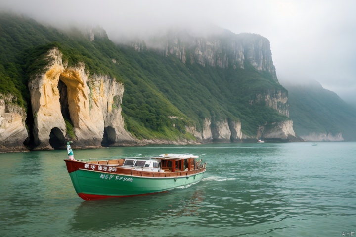  boat in water sitting by cliffs in foggy surroundings, in the style of chinapunk, dark green and green, calming symmetry, captivating documentary photos, hyper-realistic water, hikecore, lush scenery, Wide angle,hdr