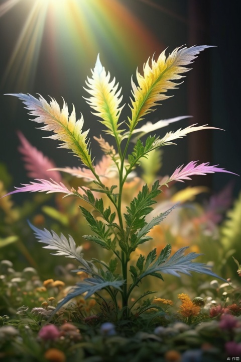  Featherweed is a herbaceous plant,Leaves light color,When the breeze blows,The leaves will flutter gently,Gives a dreamy feeling rainbow color theme, movie light effect, Colorful, contours, Art super detailed, Delicate and beautiful, Dynamic angles and elegant atmosphere, octane render, intricate, (best quality, masterpiece, Representative work, official art, Professional, unity 8k wallpaper:1.3)