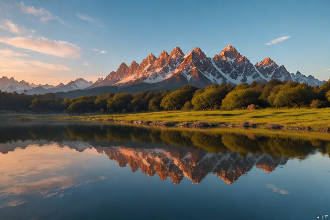  A photo titled "Kingdom of the Sky", taken on a Nikon D850 in the style of Veslaw Wakuski, shows a ultra-high-definition image. The photo depicts a lake with a setting sun, its surface reflecting feathery clouds. The entire composition is bathed in a pure and vibrant blue.