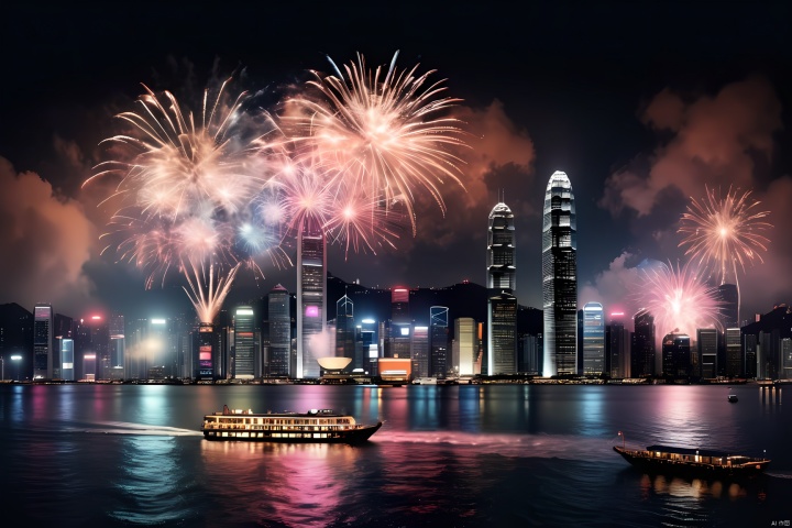  Night view of Victoria Harbor in Hong Kong,Sparkling reflections dance on the water,Gleaming skyscrapers lining the harbor,Spectacular fireworks display,Twinkling lights adorn the city skyline,Cruise shipest, enhance, intricate, (best quality, masterpiece, Representative work, official art, Professional, unity 8k wallpaper:1.3)