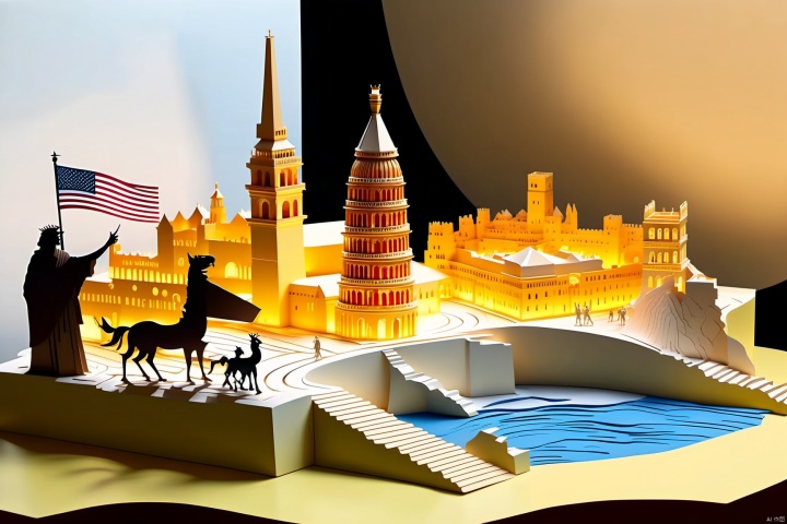  papercut of (Egyptian pyramids) and (Leaning Tower of Pisa:1.1) and (Notre Dame Cathedral in Paris:1.2) and (Chinese Forbidden City:1.3) and (chinese Greatwall:1.4) and (Tower Bridge in London:1.5) and (Roman Colosseum:1.6) and (Greek temples:1.7) and (America Statue of Liberty:1.8) and (Kremlin palace:1.9),background of earth,masterpiece, best quality, epic cinematic, soft nature lights, rim light, amazing, hyper detailed, ultra realistic, photorealistic, Ray tracing, Cinematic Light, light source contrast,jingjing,Relief style,lmyy,papercut