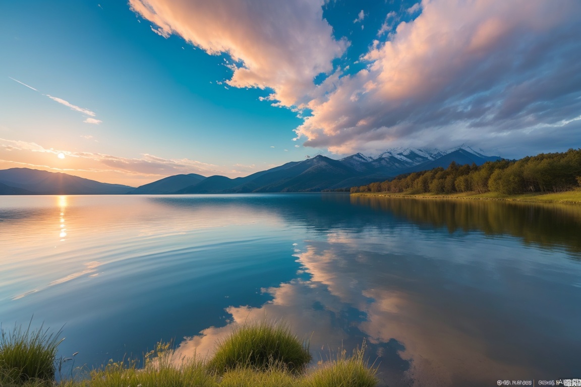  A photo titled "Kingdom of the Sky", taken on a Nikon D850 in the style of Veslaw Wakuski, shows a ultra-high-definition image. The photo depicts a lake with a setting sun, its surface reflecting feathery clouds. The entire composition is bathed in a pure and vibrant blue.