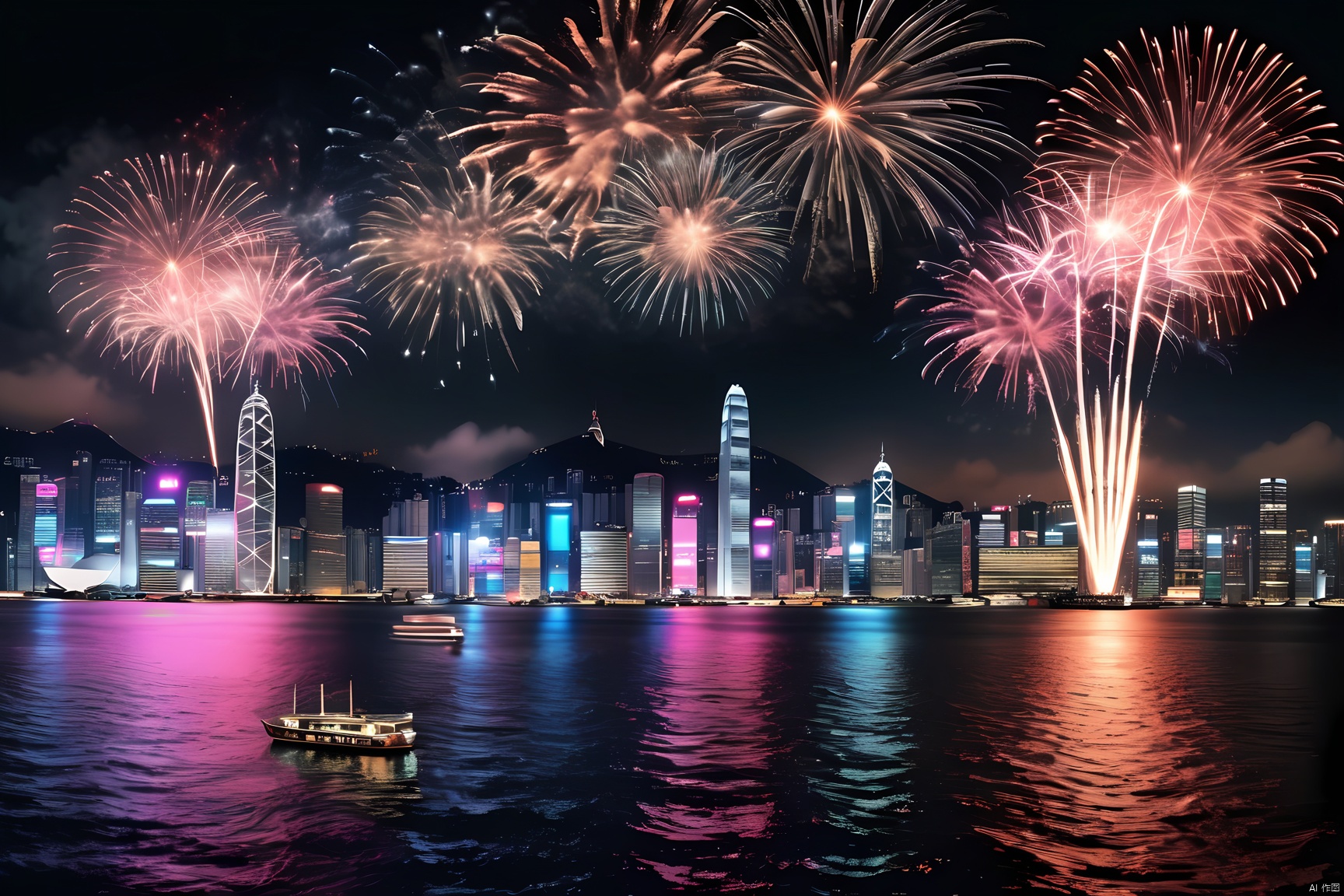  Night view of Victoria Harbor in Hong Kong,Sparkling reflections dance on the water,Gleaming skyscrapers lining the harbor,Spectacular fireworks display,Twinkling lights adorn the city skyline,Cruise shipest, enhance, intricate, (best quality, masterpiece, Representative work, official art, Professional, unity 8k wallpaper:1.3)