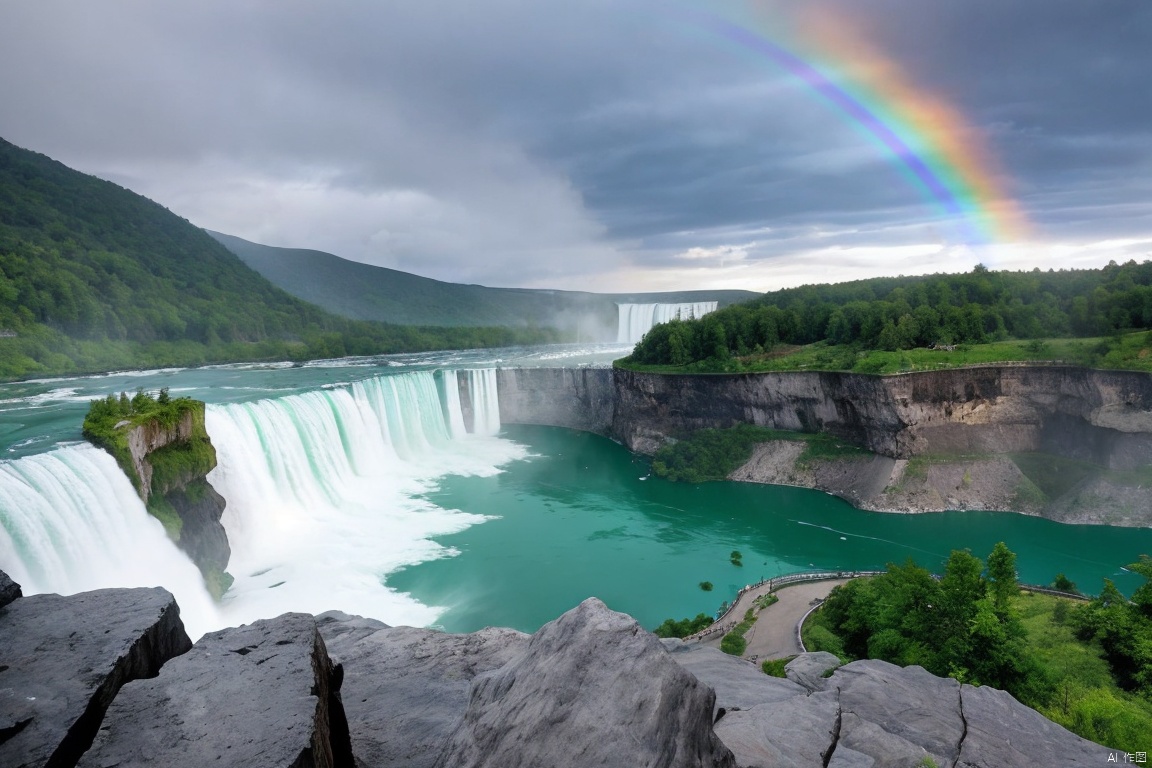  Niagara Falls, fast-flowing water, splashing waterfalls, mist, steep cliffs, rainbow arcs, huge water potential, rocky cliffs, surging, river rushing, spectacular scenery, sound of water impact, water mist, magnificent water surface, vast waters