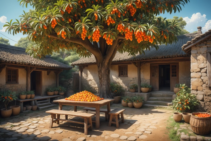  ((an ancient stone house in a rural area), fences, (a mud courtyard), (a big tree full of fruits), wooden tables and chairs, a basket of loquats on the table, spring, bright colors, bright sunshine, high pixel, exquisite visuals, detailed and realistic, master's work