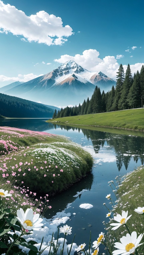 Summer, meadows, a few small flowers, clear lakes, heaven, big clouds, blue sky, hot weather, HD details, surdetails, cinematic, surrealism, soft light, deep field focus bokeh, distant vistas are snowy mountains, ray tracing and surrealism.