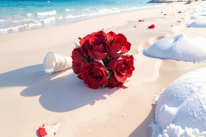  delicate scene,depth of field, 8K, The ivory sky,white clouds,and sunlight shine on the snow-white beach. The coral sea,and many colorful tinny shells on the beach,red roses, roses focus,
