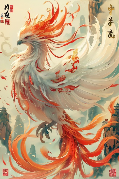  shanhaijing,phoenix,outdoors, no humans, feathers, building, chinese text, animal focus, talons, white feathers