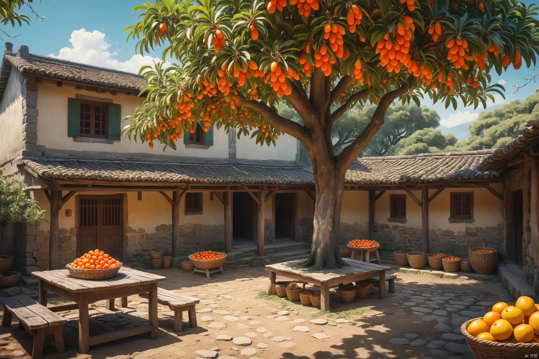  ((an ancient stone house in a rural area), fences, (a mud courtyard), (a big tree full of fruits), wooden tables and chairs, a basket of loquats on the table, spring, bright colors, bright sunshine, high pixel, exquisite visuals, detailed and realistic, master's work