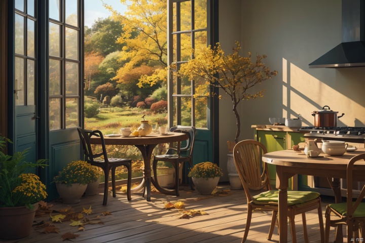 ((nobody)), countryside, autumn, fallen leaves, yellow leaves, landscape, indoor, (kitchen), house, door, window, yard, table and chairs, bowls and chopsticks, dish, outdoor, plant, potted plant, tree, flowerpot, miyazaki style,bokeh
, Light master