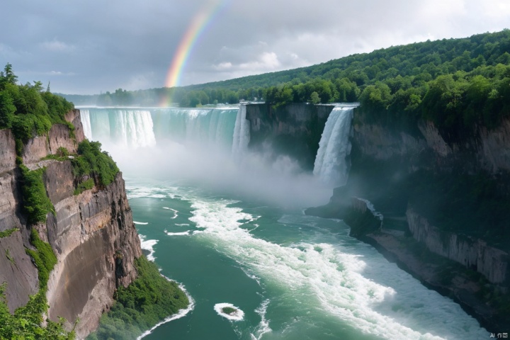  Niagara Falls, fast-flowing water, splashing waterfalls, mist, steep cliffs, rainbow arcs, huge water potential, rocky cliffs, surging, river rushing, spectacular scenery, sound of water impact, water mist, magnificent water surface, vast waters
