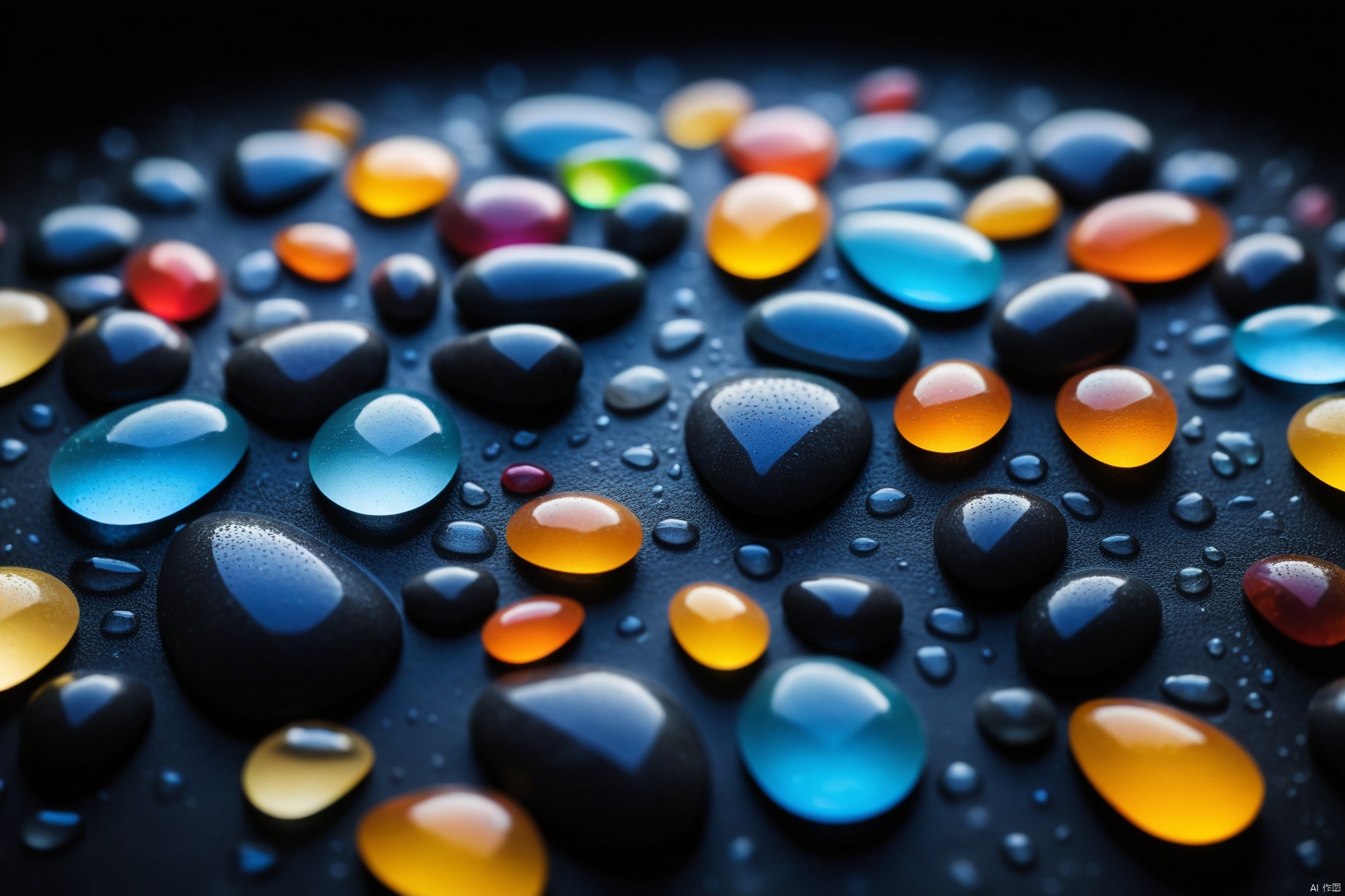  abstract,bokeh, eyes focus,A close-up of Many pebbles of different sizes,Dewdrops,light colorful Edge luminescence,simple_background,black background,Macro photography,from side
