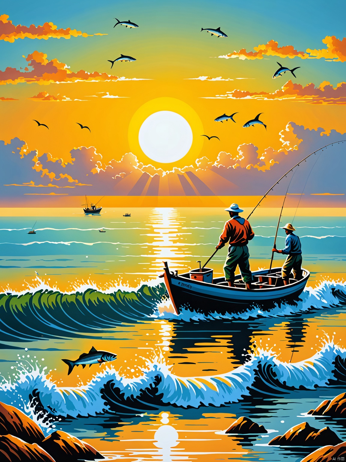  best quality, farmer painting, fisherman fishing, fishing boat, ocean background, jumping big fish, sun at sea level, very aesthetic