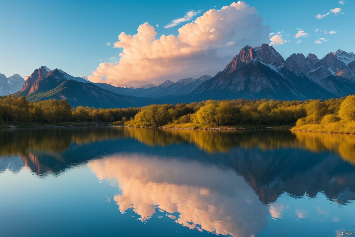  A photo titled "Kingdom of the Sky", taken on a Nikon D850 in the style of Veslaw Wakuski, shows a ultra-high-definition image. The photo depicts a lake with a setting sun, its surface reflecting feathery clouds. The entire composition is bathed in a pure and vibrant blue.