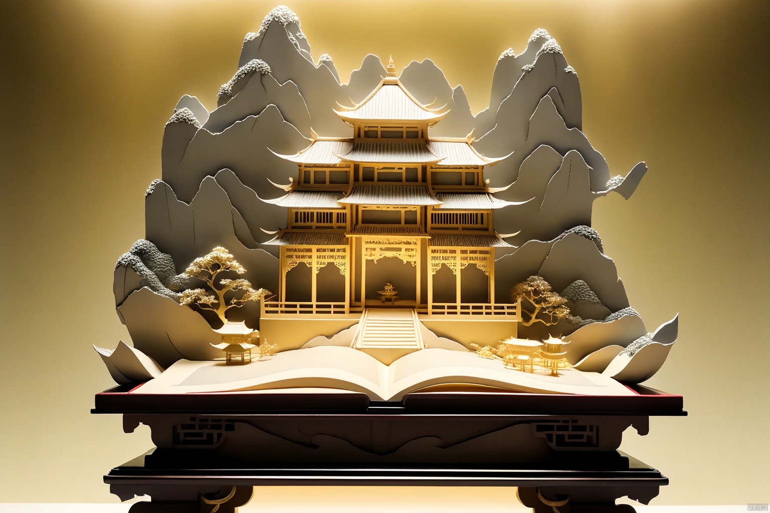 translucent embroidery, top light, backlight, A lighted book, seated front, detailed art style, paper sculpture, geographic photo, hi-res image, paper cut book design oriental palace, tilt photography style, 8k resolution, night scene, photo taken with a Nikon D750 with lights on top, cityscape style, intricate woodwork, grandiose gauges, chinese book model, golden light style, pencil art illustration, hi-res image, site-specific artwork, i can't believe how beautiful this is,
Negative reminder, flowing gold art, silk transparent material style, abstract design, ethereal phantom, lifelike, black and white tones,