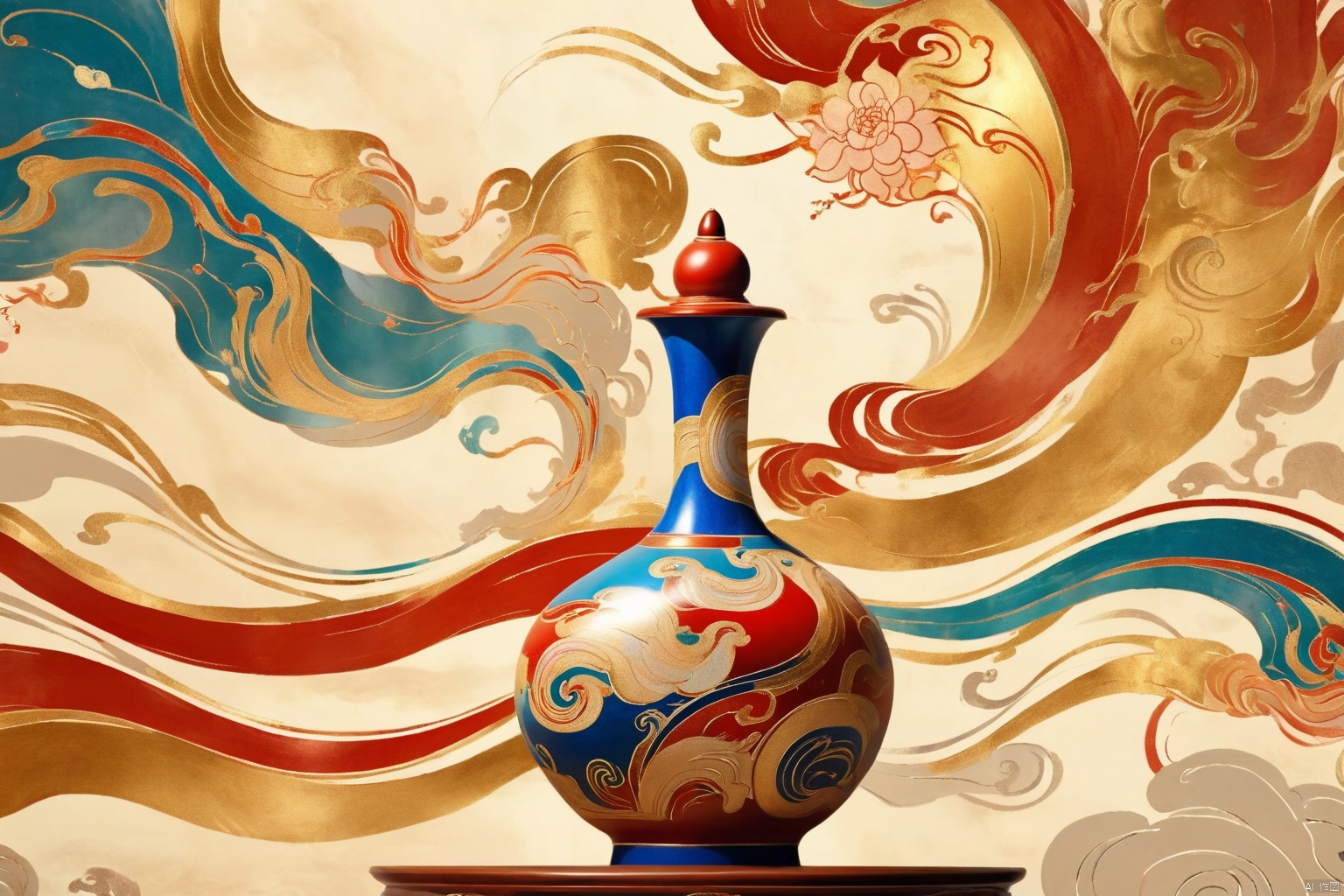  Dunhuang Art, vase painted on Dunhuang Chinese traditional Dunhua murals, glowing inside the vase, smooth lines, frosted texture, gold red color scheme, smooth swirl natural mural background, hand-painted art, HD 8k