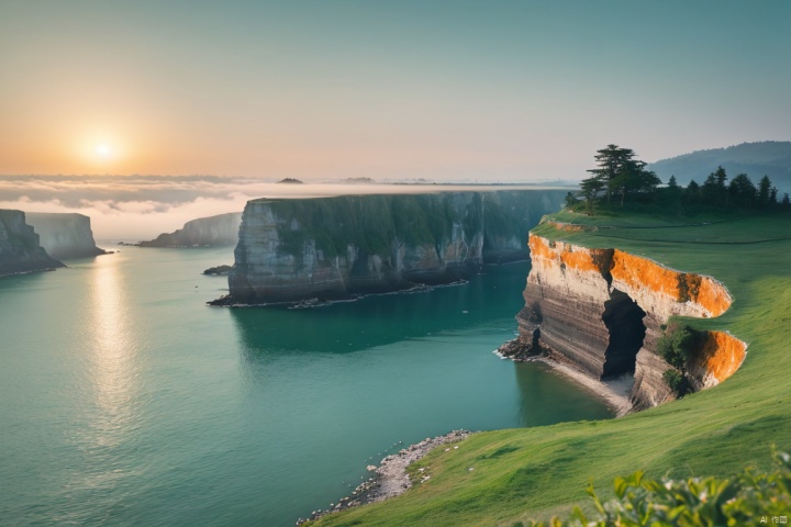 boat in water sitting by cliffs in foggy surroundings, in the style of chinapunk, dark green and green, calming symmetry, captivating documentary photos, hyper-realistic water, hikecore, lush scenery, Wide angle,hdr
