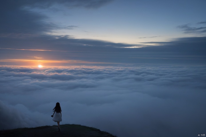 1girl, walking in the clouds, floating in the moonlit sky, the people far below are sleeping as she.white dress, very long hair