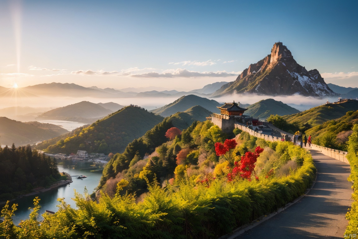  fenghuang,broken,steep,ancient city wall,city wall,masterpiece,best quality,masterpiece,best quality,official art,extremely detailed CG unity 8k wallpaper,The time of sunrise is coming,The east of the sky has been a touch of red,heralding the coming dawn,At this point,1 golden peaks appear on the horizon,Like a bright gem,
Golden peaks towering into the clouds,It's like 1 gold towers on the ground.,In the light of the morning light,The whole mountain shines with golden light,The shining peak,Flashing with dazzling brilliance,
With the passage of time,The sun slowly rises from the horizon,The sun shines on Jinshan,The light on the golden hill is more dazzling,Like 1 great treasure with a dazzling brilliance,
Behind the golden hill,The sky gradually changed from pale red to golden yellow,The whole scene is filled with warmth and vitality,Jinshan and the sun together constitute the 1 colorful picture,It gives a wonderful and mysterious feeling,
The light of Jinshan illuminates the surrounding earth,forest,flowers and plants,The lakes are colored with gold,The golden glow seemed to bring 1 blessings and peace to the whole world,
Stand in the distance and watch,Jinshan blockbuster makes people relaxed and happy,As if in a fairyland,The golden peaks and the rising sun,It constitutes a 1 picture of intoxicating beauty,Chinese ink painting,2D conceptual design,phoenix,cloud,guofeng