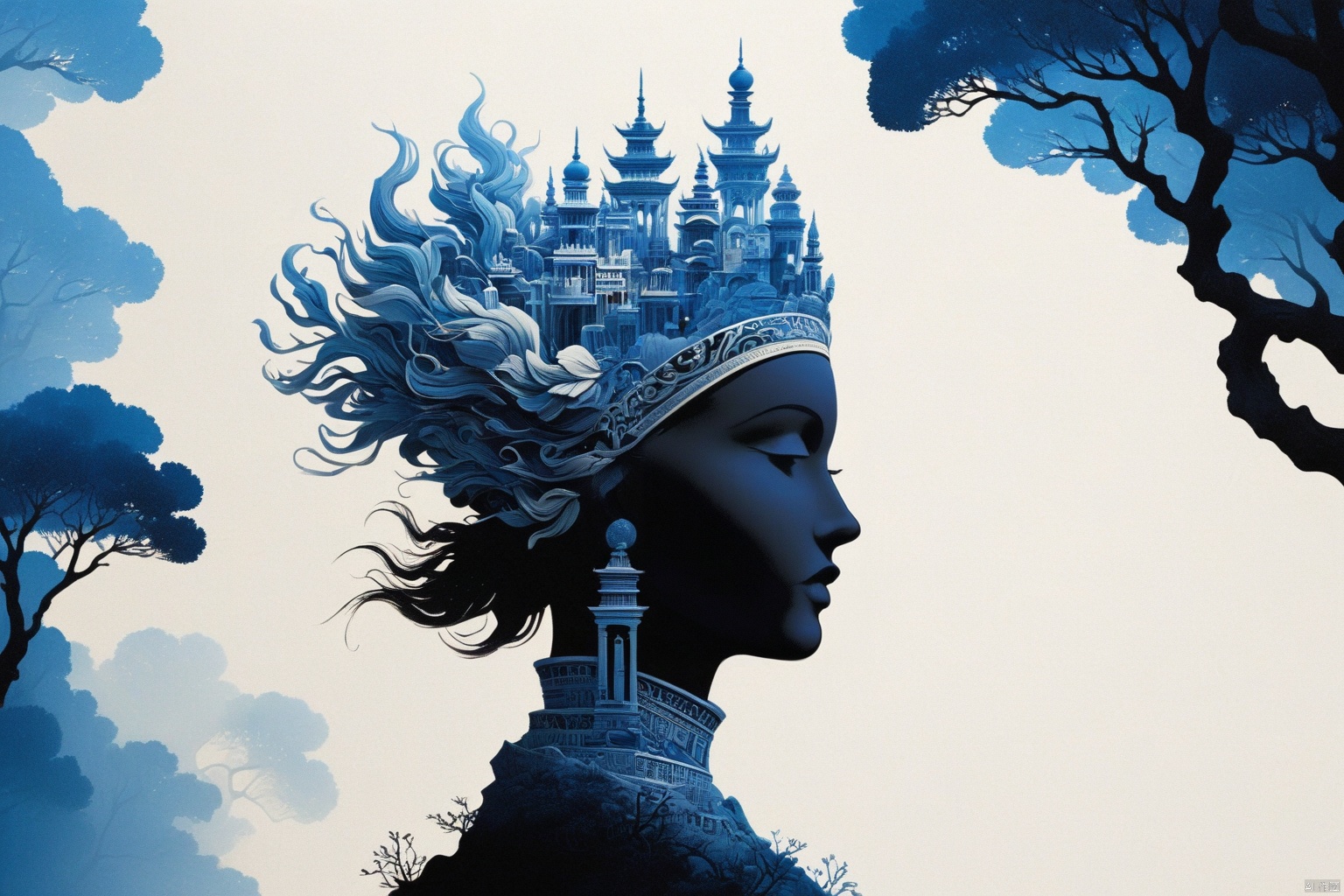  Sculptural head silhouette with an open mind leading to stairs, a lone figure ascending, representing personal growth, against a stark black background, minimalistic, blue-white gradient lighting, surrealism, digital art, Peter Tarka style, sharp focus, Oriental flat aesthetics