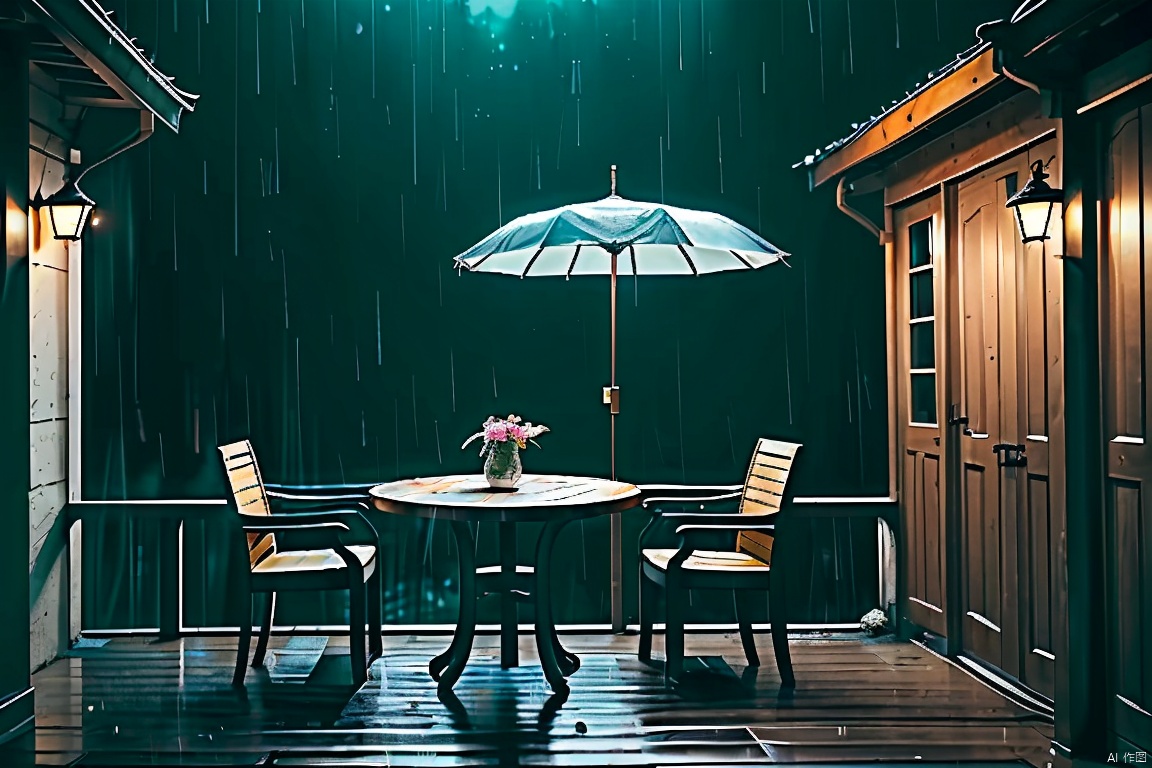  there is a small wooden house with a table and chairs in the rain, rainy day outside, magical environment, quiet and serene atmosphere, in a rainy environment, rainy outside, rainy afternoon, inside on a rainy day, rainy scene, by Raymond Han, rainy atmosphere, rainy environment, rainy mood, rainy and gloomy atmosphere, rainy evening, atmospheric fantasy setting