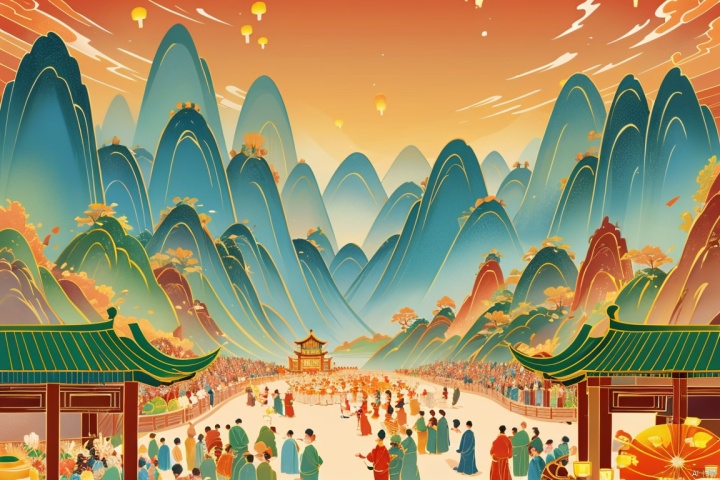  Spring Festival, (dragon), dragon dance, (lantern), market, vendors, (fireworks), mountains, crowds, lively, (Chinese style), (masterpiece), (extremely detailed CG unit 8k wallpaper), (best illumination, best shadow, an extremely beautiful and beautiful), (spring Festival), (traditional Chinese decoration, red lands),