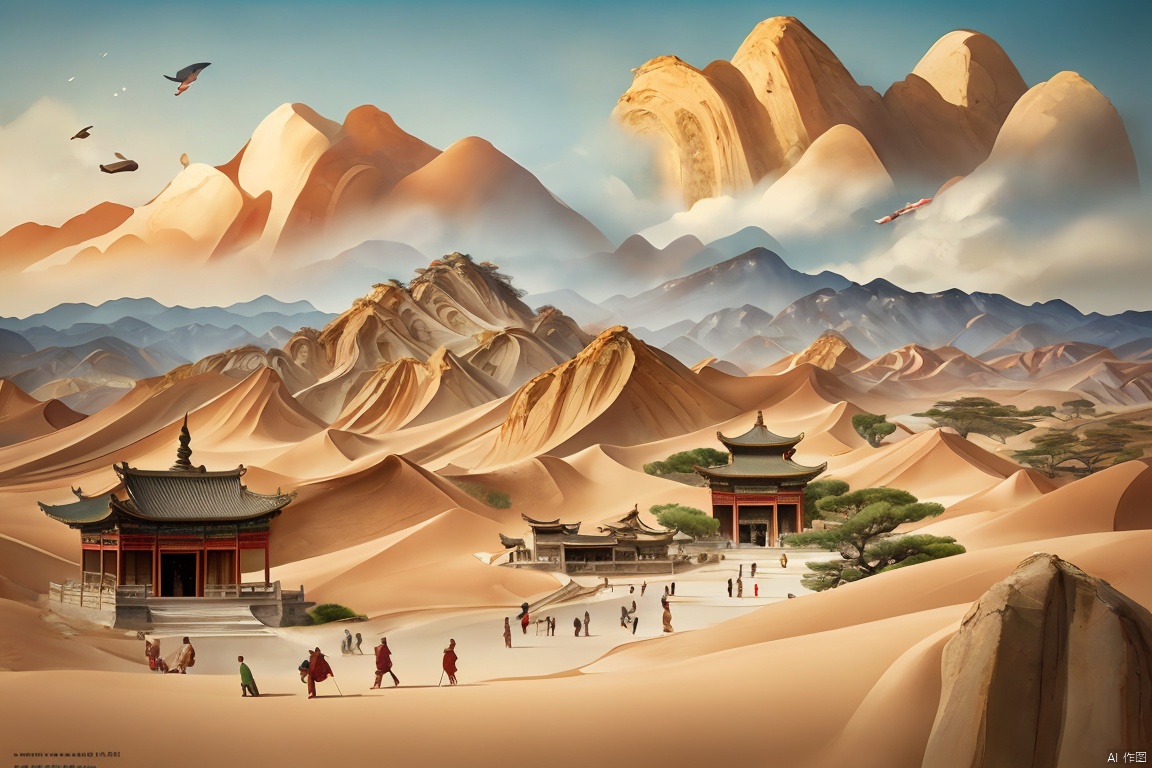  Chinese ancient style, time travel, mystery, illusion, dream back to Dunhuang, flying murals, imagination, grandeur, heavy color, rock color, seeking immortality, distant view, ancient style illustration, classical art, Chinese classical architecture, clouds, soft colors, stunning art,