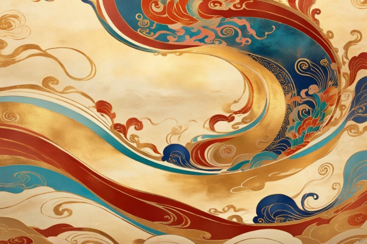  Dunhuang Art, vase painted on Dunhuang Chinese traditional Dunhua murals, glowing inside the vase, smooth lines, frosted texture, gold red color scheme, smooth swirl natural mural background, hand-painted art, HD 8k