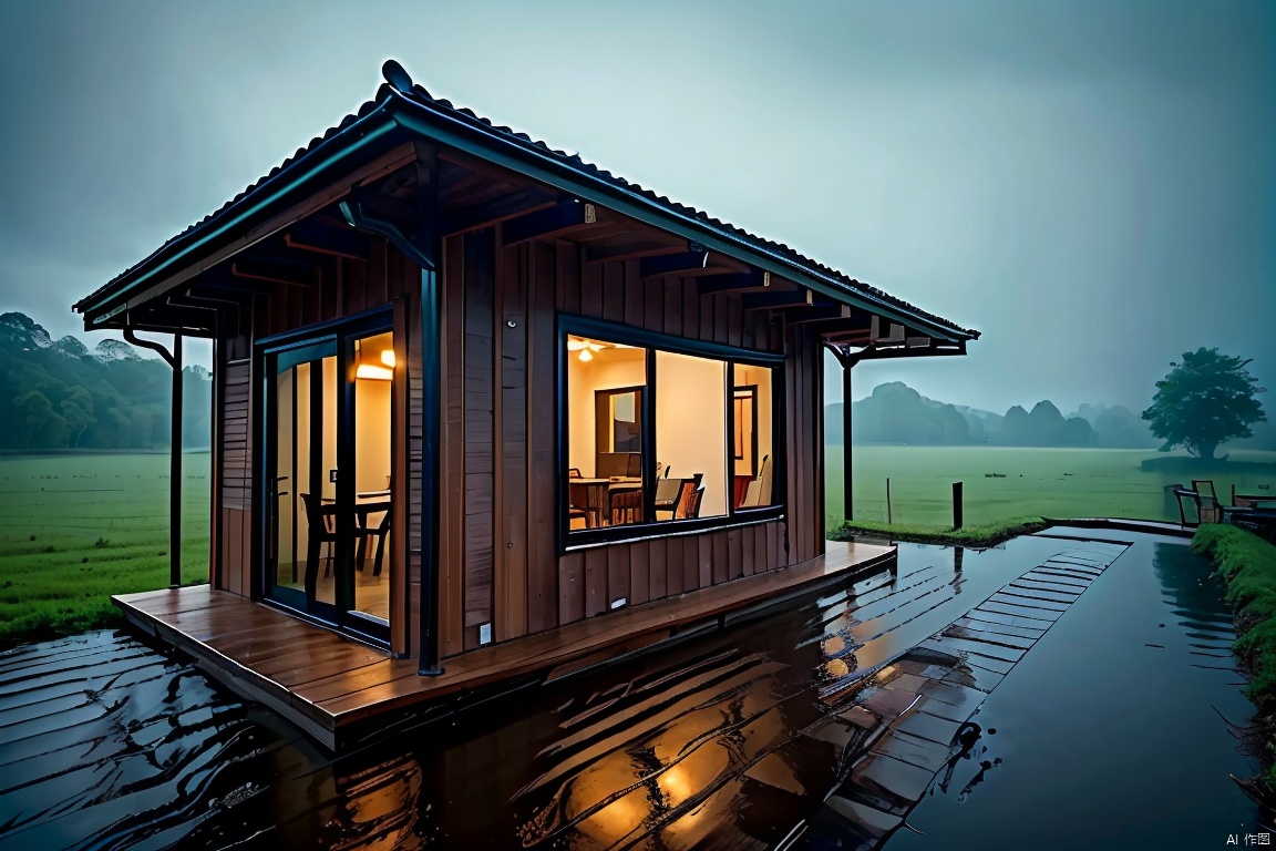  there is a small wooden house with a table and chairs in the rain, rainy day outside, magical environment, quiet and serene atmosphere, in a rainy environment, rainy outside, rainy afternoon, inside on a rainy day, rainy scene, by Raymond Han, rainy atmosphere, rainy environment, rainy mood, rainy and gloomy atmosphere, rainy evening, atmospheric fantasy setting