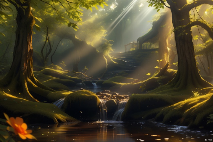  A serene, mystical forest with tall trees, a flowing river, and a hidden clearing. The trees have long, twisting branches that reach towards the sky, covered in soft, green moss and hanging vines. The forest floor is a bed of rich, green leaves and ferns, with small streams and waterfalls trickling throughout. The river is crystal clear and gently flows through the forest, reflecting the surrounding trees and sky. In the clearing, there is a small, secluded pool with clear water, surrounded by colourful wildflowers and butterflies. The forest is bathed in a warm, golden sunlight that filters through the trees and creates a peaceful, calming atmosphere.

Medium: Oil painting

Additional details: There are small animals rustling in the underbrush, watching from the shadows. The rustling leaves and the sound of birds chirping create a continuous symphony of nature.

Image quality: (best quality, 4k, 8k, highres, masterpiece:1.2), ultra-detailed, (realistic, photorealistic, photo-realistic:1.37), sharp focus, vivid colors

Art style: Landscape

Color palette: Shades of green, warm yellows, and browns

Lighting: Sunbeams filtering through the trees, lending a warm, golden glow to the scene.

