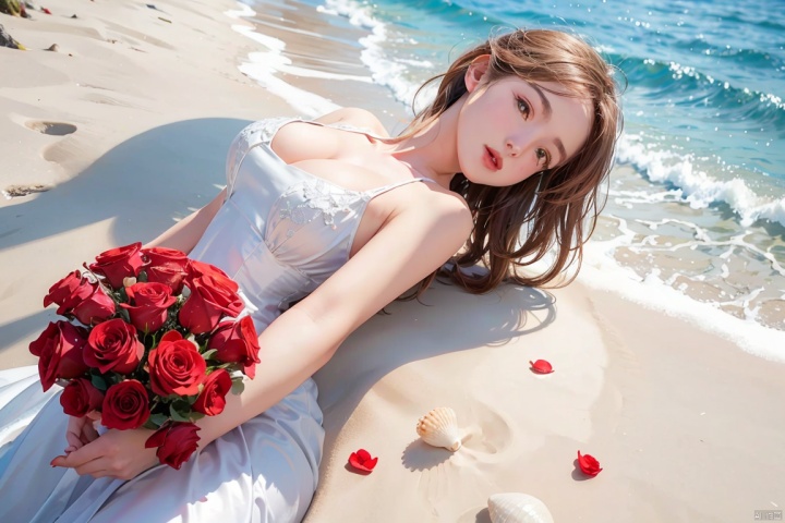 delicate scene,depth of field, 8K, The ivory sky,white clouds,and sunlight shine on the snow-white beach. The coral sea,and many colorful tinny shells on the beach,red roses, roses focus,