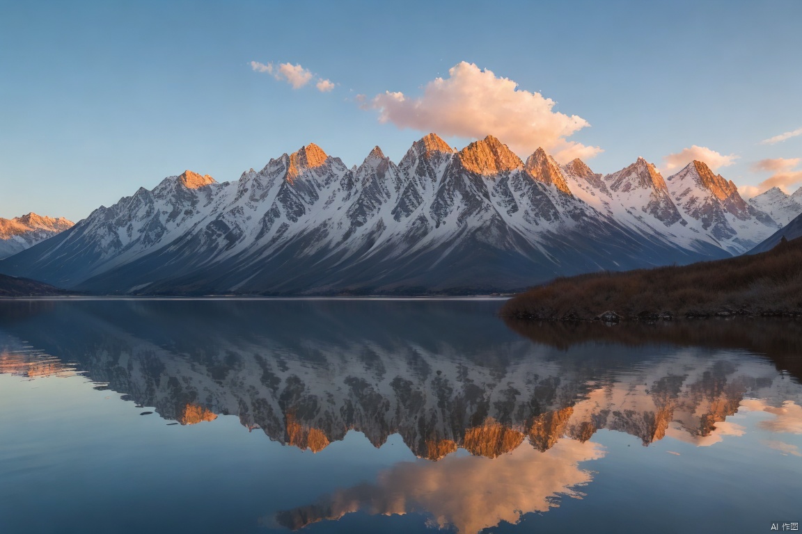  A photo titled "Kingdom of the Sky", taken on a Nikon D850 in the style of Veslaw Wakuski, shows a ultra-high-definition image. The photo depicts a lake with a setting sun, its surface reflecting feathery clouds. The entire composition is bathed in a pure and vibrant blue.