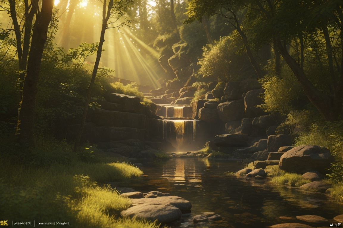  A serene, mystical forest with tall trees, a flowing river, and a hidden clearing. The trees have long, twisting branches that reach towards the sky, covered in soft, green moss and hanging vines. The forest floor is a bed of rich, green leaves and ferns, with small streams and waterfalls trickling throughout. The river is crystal clear and gently flows through the forest, reflecting the surrounding trees and sky. In the clearing, there is a small, secluded pool with clear water, surrounded by colourful wildflowers and butterflies. The forest is bathed in a warm, golden sunlight that filters through the trees and creates a peaceful, calming atmosphere.

Medium: Oil painting

Additional details: There are small animals rustling in the underbrush, watching from the shadows. The rustling leaves and the sound of birds chirping create a continuous symphony of nature.

Image quality: (best quality, 4k, 8k, highres, masterpiece:1.2), ultra-detailed, (realistic, photorealistic, photo-realistic:1.37), sharp focus, vivid colors

Art style: Landscape

Color palette: Shades of green, warm yellows, and browns

Lighting: Sunbeams filtering through the trees, lending a warm, golden glow to the scene.

