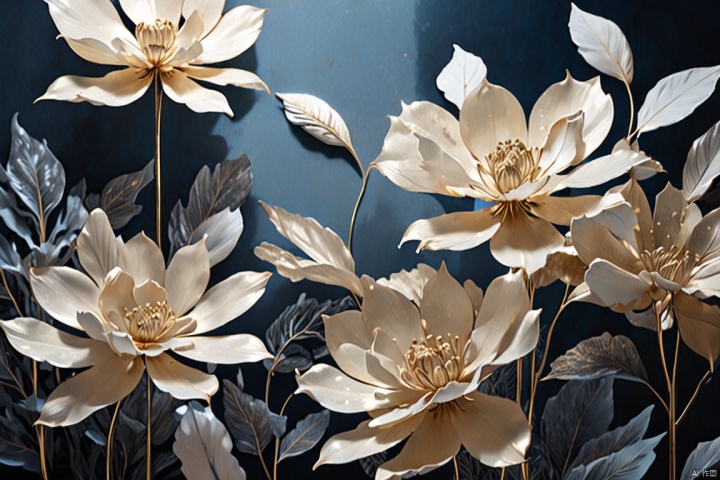  flower petals from a blue background, in the style of dark gray and light gold, dreamlike surrealist landscapes, nature-inspired installations, highly detailed foliage, light gold and white, soft, atmospheric lighting, layered translucency