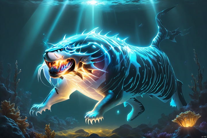  (a giant fantasy [shark|tiger] creature), paranormal energy, glowing, small and transparent, releases a shimmering light, like an underwater light