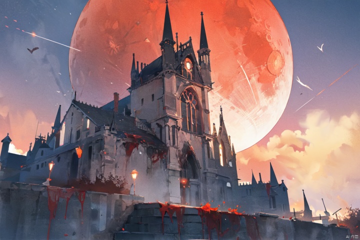  giant castle in the background,dynamic angle,dark fantasy,blood moon,red sky