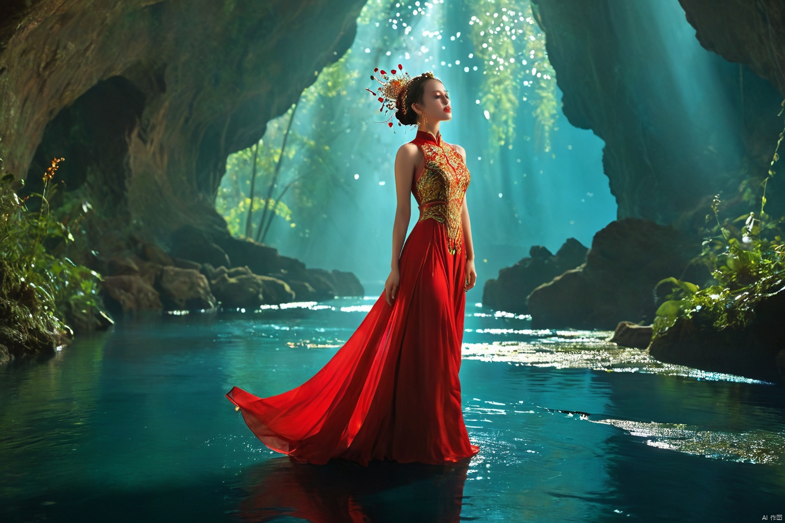  Picture a graceful woman in a vibrant red dress with golden embroidery, reminiscent of traditional Asian fashion. She stands in a magnificent cave, its interior lit by a constellation of bioluminescent speckles. The cave walls are a tapestry of dark, luscious blues and greens, shimmering with natural light. In her hand, she holds a large, ornate fan matching her dress, unfurled to reveal a detailed design that adds to her commanding presence. Her other hand is raised gently towards the sky, as if interacting with the mystical light around her. Her hair is styled up with braids and natural accessories, and her pose is one of empowerment and awe as she gazes upwards. The floor of the cave is mirrored by a still pool of water, reflecting the enchantment of the scene, best quality, ultra highres, original, extremely detailed, perfect lighting