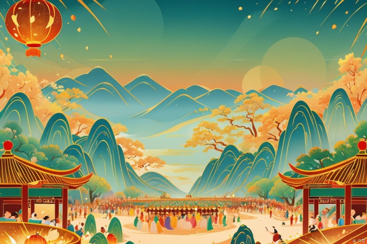 Spring Festival, (dragon), dragon dance, (lantern), market, vendors, (fireworks), mountains, crowds, lively, (Chinese style), (masterpiece), (extremely detailed CG unit 8k wallpaper), (best illumination, best shadow, an extremely beautiful and beautiful), (spring Festival), (traditional Chinese decoration, red lands),