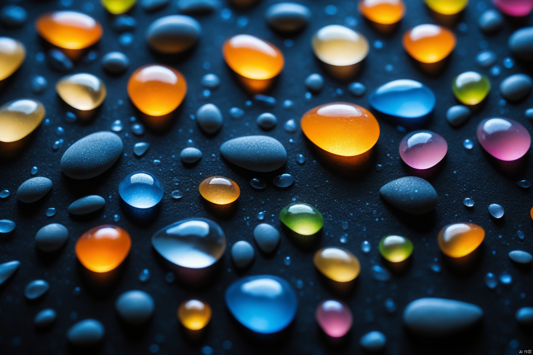  abstract,bokeh, eyes focus,A close-up of Many pebbles of different sizes,Dewdrops,light colorful Edge luminescence,simple_background,black background,Macro photography,from side
