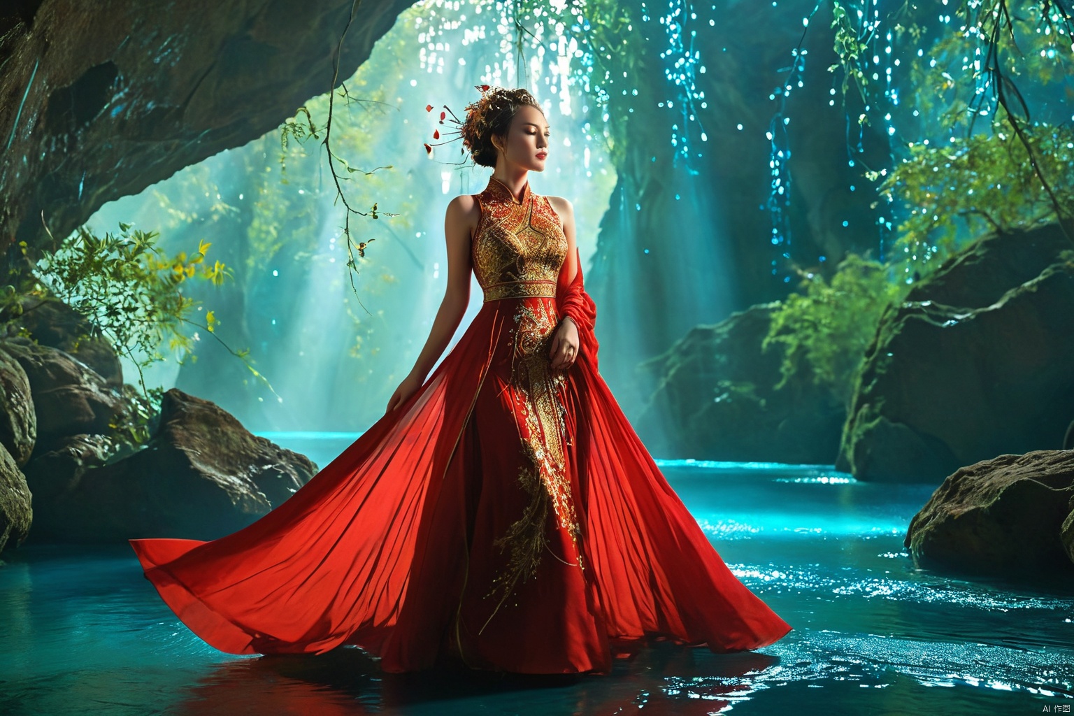  Picture a graceful woman in a vibrant red dress with golden embroidery, reminiscent of traditional Asian fashion. She stands in a magnificent cave, its interior lit by a constellation of bioluminescent speckles. The cave walls are a tapestry of dark, luscious blues and greens, shimmering with natural light. In her hand, she holds a large, ornate fan matching her dress, unfurled to reveal a detailed design that adds to her commanding presence. Her other hand is raised gently towards the sky, as if interacting with the mystical light around her. Her hair is styled up with braids and natural accessories, and her pose is one of empowerment and awe as she gazes upwards. The floor of the cave is mirrored by a still pool of water, reflecting the enchantment of the scene, best quality, ultra highres, original, extremely detailed, perfect lighting