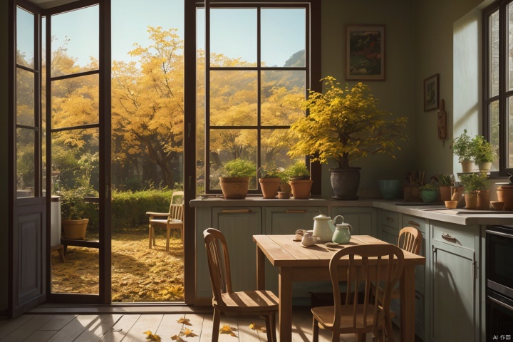  ((nobody)), countryside, autumn, fallen leaves, yellow leaves, landscape, indoor, (kitchen), house, door, window, yard, table and chairs, bowls and chopsticks, dish, outdoor, plant, potted plant, tree, flowerpot, miyazaki style,bokeh
, Light master