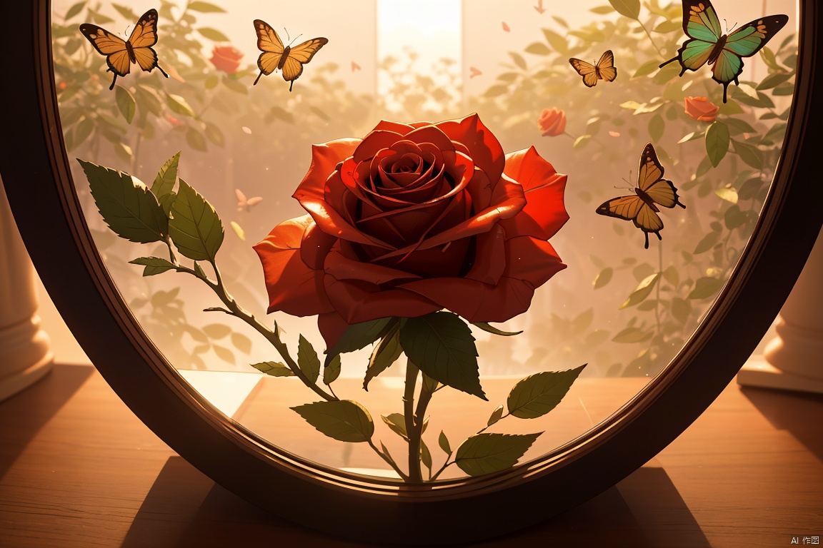  a beautiful transparent glass red rose with a exquisite fragile iridescent glass leafs, surrounded with [white:2] butterflies, intricate details, masterpiece, award winning, rich, breathtaking, golden hour light, bokeh, atmospheric, ((close up))