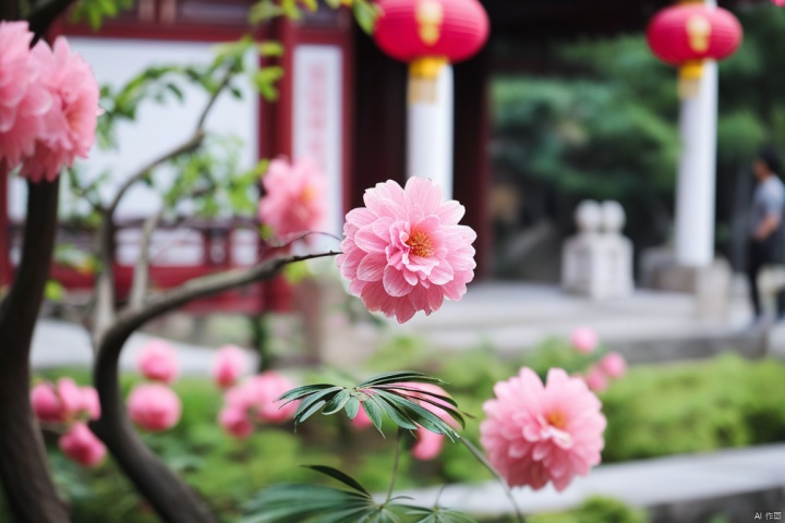  flower, outdoors, blurry, tree, no humans, depth of field, blurry background, leaf, plant, scenery, pink flower, lantern, east asian architecture