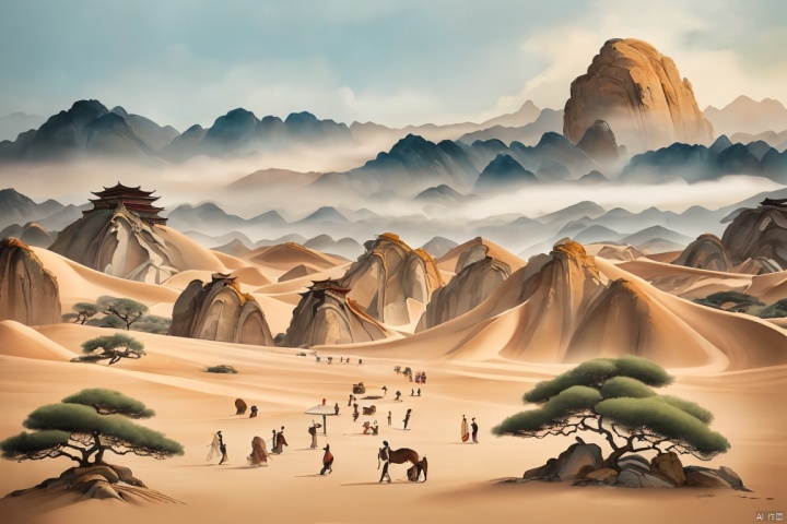  Chinese ancient style, time travel, mystery, illusion, dream back to Dunhuang, flying murals, imagination, grandeur, heavy color, rock color, seeking immortality, distant view, ancient style illustration, classical art, Chinese classical architecture, clouds, soft colors, stunning art,