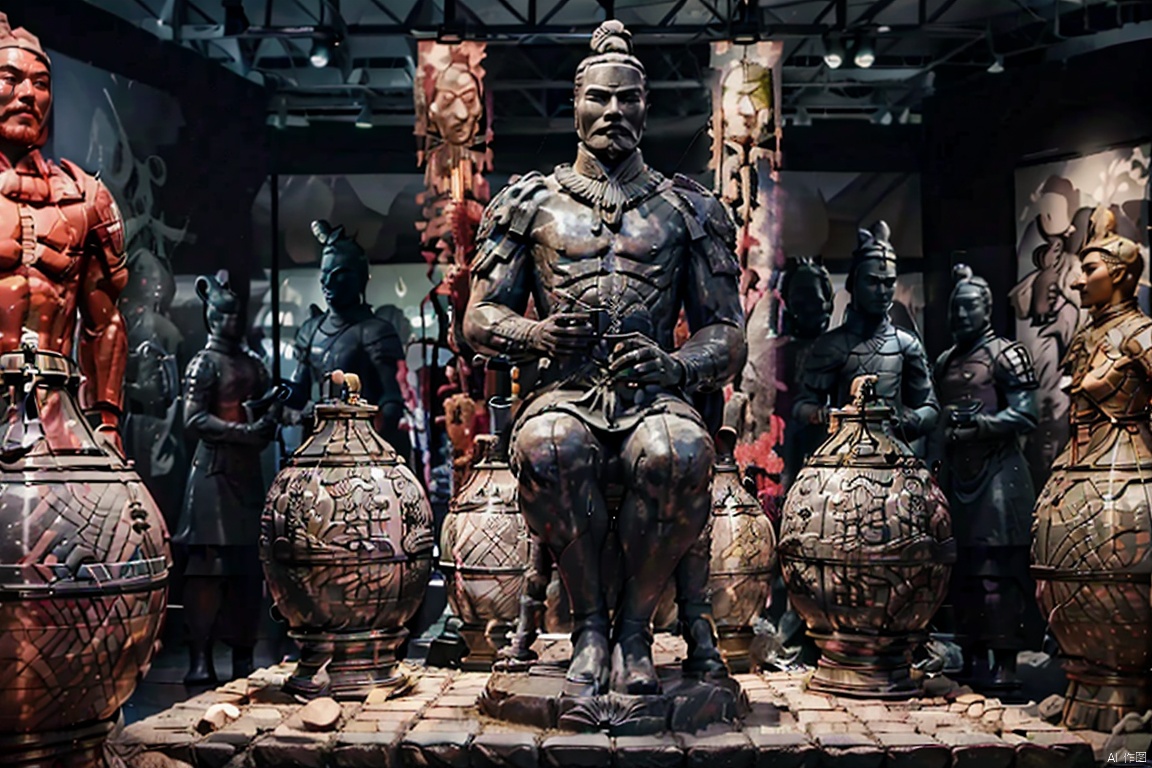  (((best))),8k,UHD,((masterpiece)),bright ,high quality,realistic,binmayong, 
Mysterious Sculpture: An enigmatic statue and vase exhibit, featuring sculptures with vibrant colored skin and intricate facial hair designs. The artwork is displayed against a blurry background, adding to the sense of mystery.