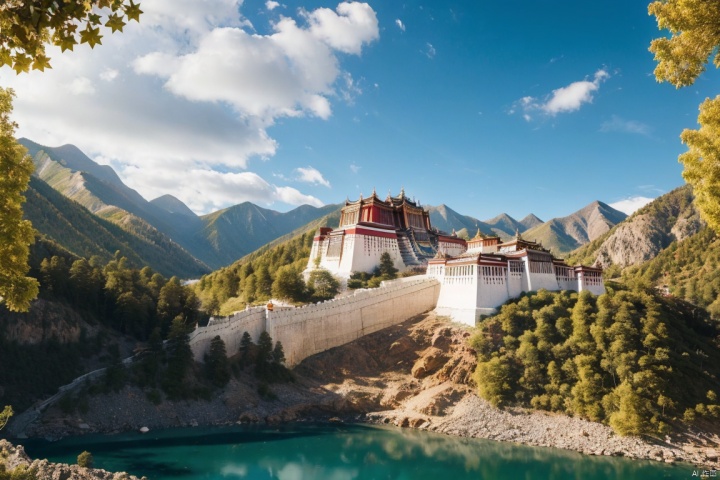  A view of the grand Potala Palace
best quality,4k,8k,highres,masterpiece:1.2,ultra-detailed,realistic:1.37,portrait,landscape,HDR,UHD,studio lighting,ultra-fine painting,sharp focus,professional,vivid colors,bokeh

I want you to generate an image of the grand Potala Palace, which is located in Lhasa, *****. The palace is an architectural marvel, a towering structure that has stood for centuries. It is the heart of ***** and a symbol of its rich cultural heritage.

The image I want you to generate should showcase the grandeur of this palace. The palace should be the center of the image, and its intricate details and design should be visible. The palace should be detailed with vibrant colors, and the image should have a realistic feel to it.

I would also like the image to showcase the surrounding landscape. The palace sits on a hilltop, so the viewer should get a sense of how high it is. The landscape around the palace should be lush and green, with the sky a deep blue color. There should be a sense of serenity and peace in the image.

