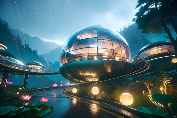  High Quality, Enjoy the Future, Cyberpunk 2077
Wide angle, 8k, locally blurred,
Hillside, spherical architecture (streamlined, lotus shaped design, transparent exterior, metal frame, glass exterior wall, fish scale decoration), surrounded by forests, illuminated, rainy,